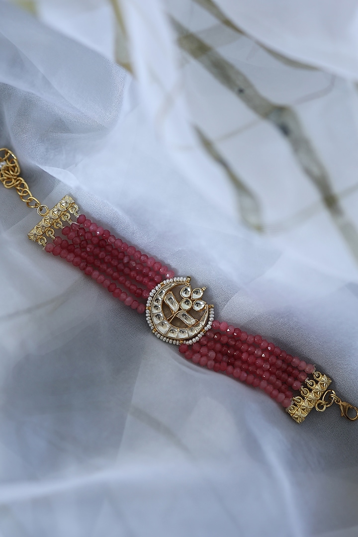 Gold Plated Kundan Polki & Pink Onyx Bracelet by Do Taara at Pernia's Pop Up Shop