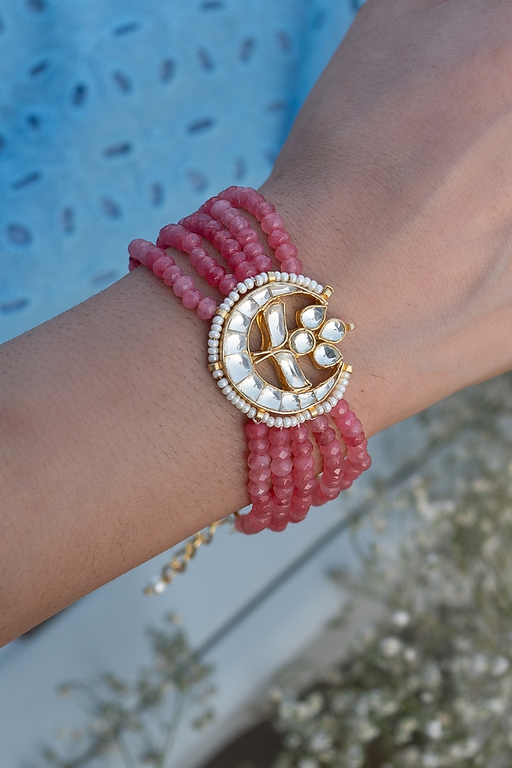 Gold Plated Kundan Polki & Pink Onyx Bracelet by Do Taara at Pernia's Pop Up Shop