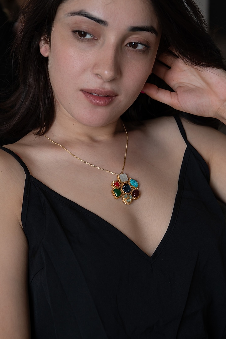 Gold Plated Multi-Colored Natural Stone Pendant Necklace by Do Taara at Pernia's Pop Up Shop