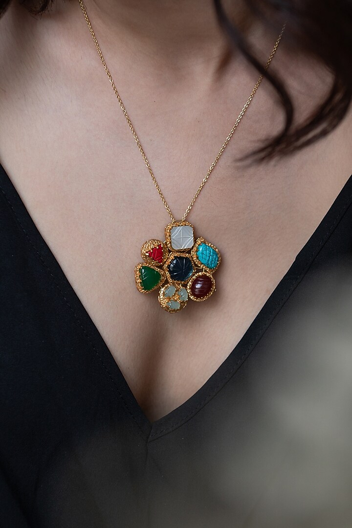 Gold Plated Multi-Colored Natural Stone Pendant Necklace by Do Taara at Pernia's Pop Up Shop