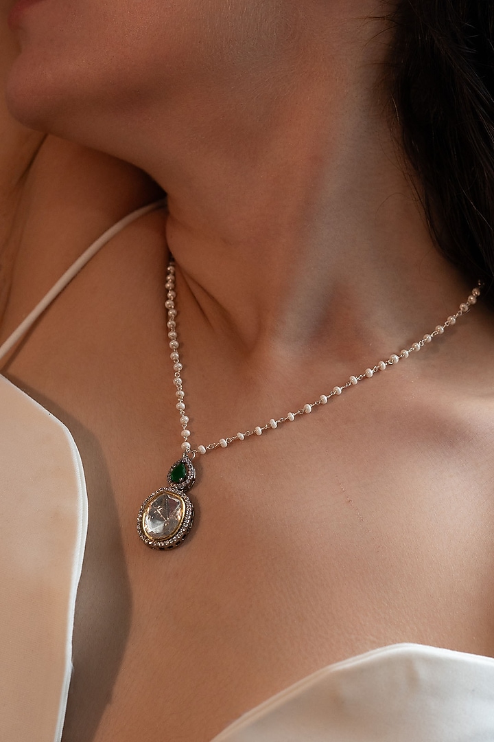Gold Plated Polki & Pearl Pendant Necklace by Do Taara at Pernia's Pop Up Shop