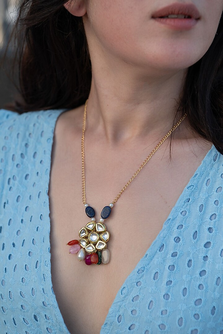 Gold Plated Kundan & Multi-Colored Pendant Necklace by Do Taara at Pernia's Pop Up Shop