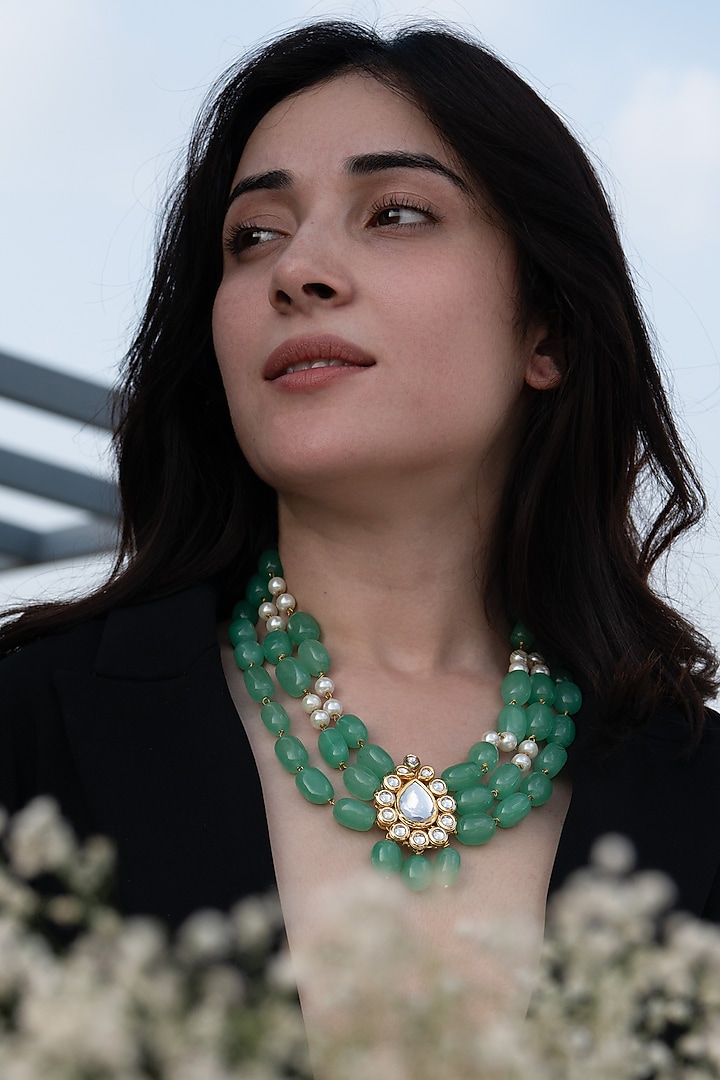 Gold Plated Kundan & Green Natural Stone Necklace by Do Taara at Pernia's Pop Up Shop