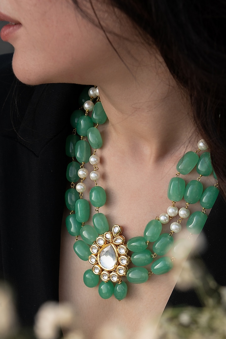 Gold Plated Kundan & Green Natural Stone Necklace by Do Taara at Pernia's Pop Up Shop