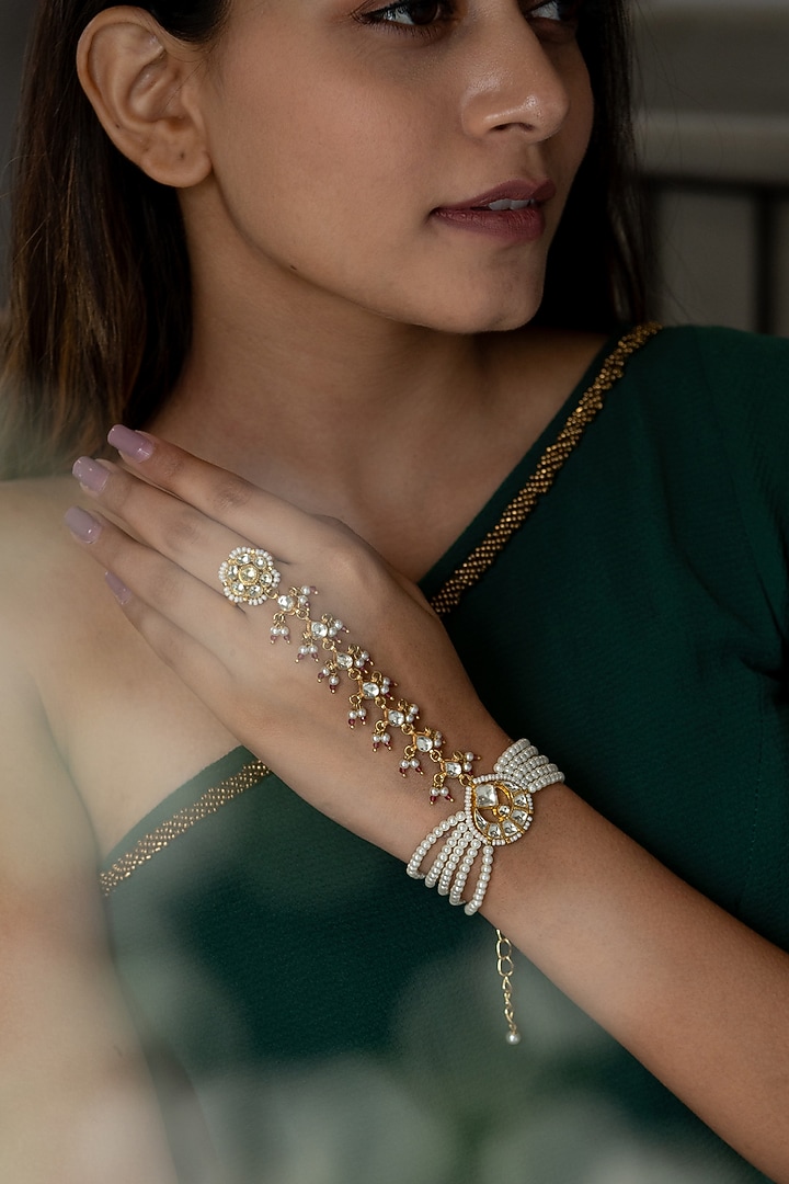 Gold Plated Kundan & Pearl Hathphool by Do Taara at Pernia's Pop Up Shop