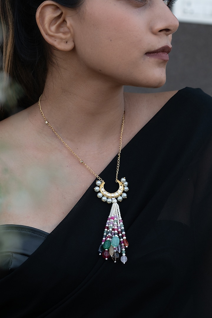 Gold Plated Kundan & Natural Stone Pendant Necklace by Do Taara at Pernia's Pop Up Shop