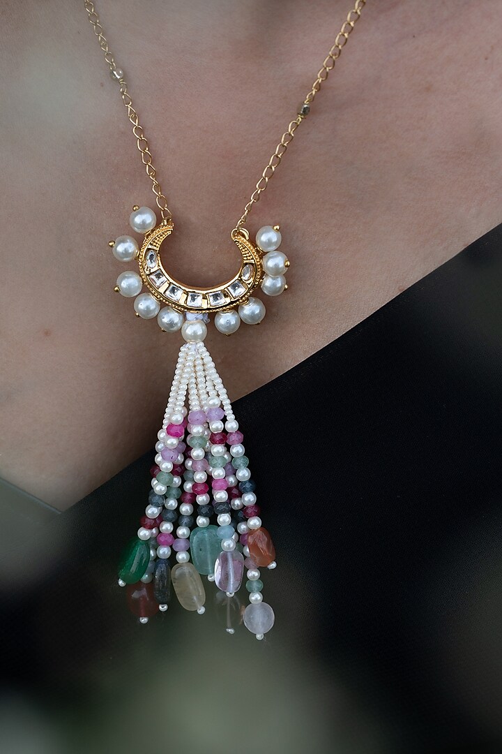 Gold Plated Kundan & Natural Stone Pendant Necklace by Do Taara at Pernia's Pop Up Shop