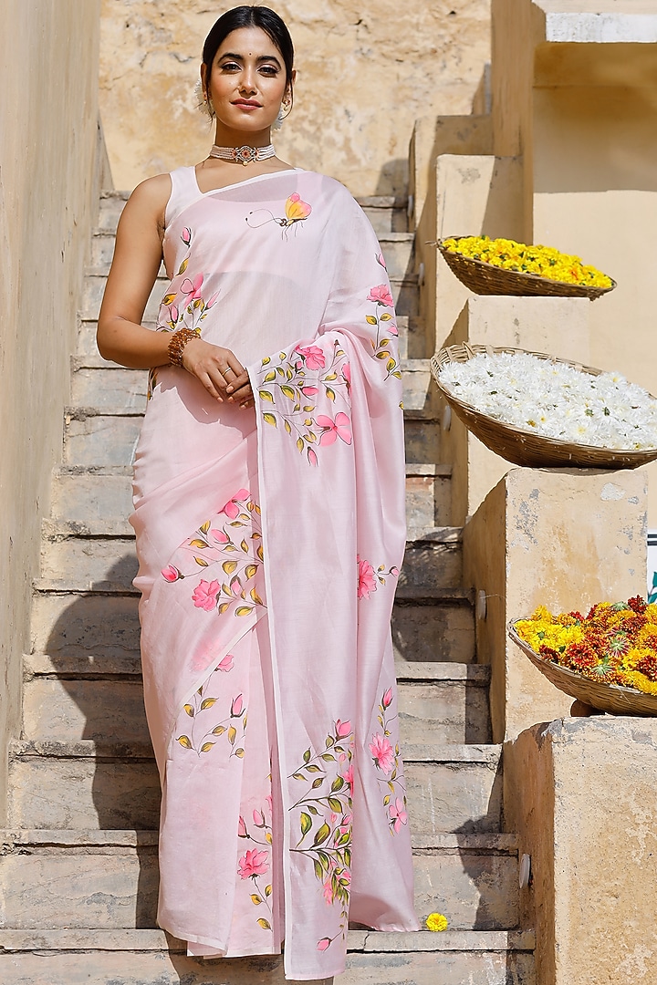 Pink Motif Hand-Painted Festive Saree Set by Pheeta at Pernia's Pop Up Shop
