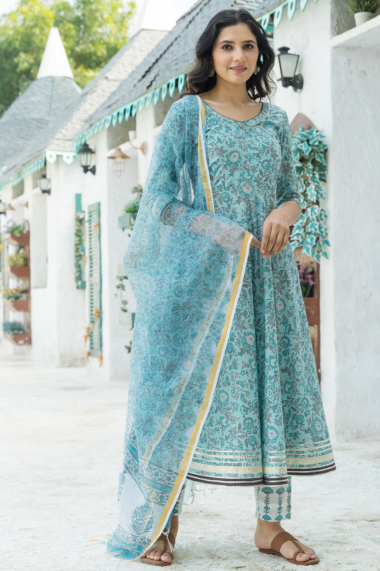 Blue Block Printed & Embroidered Kurta Set by Pheeta at Pernia's Pop Up Shop