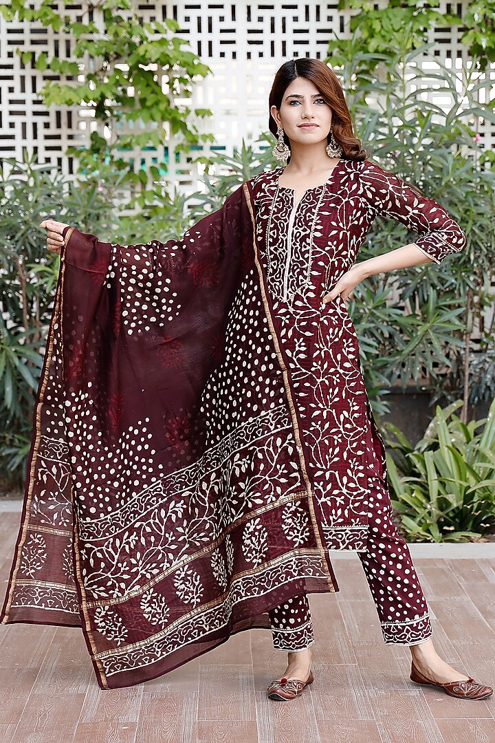 Burgundy Embroidered Pure Cotton Straight Kurta Trousers Set