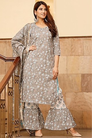 Grey Printed Sharara Set by Pheeta