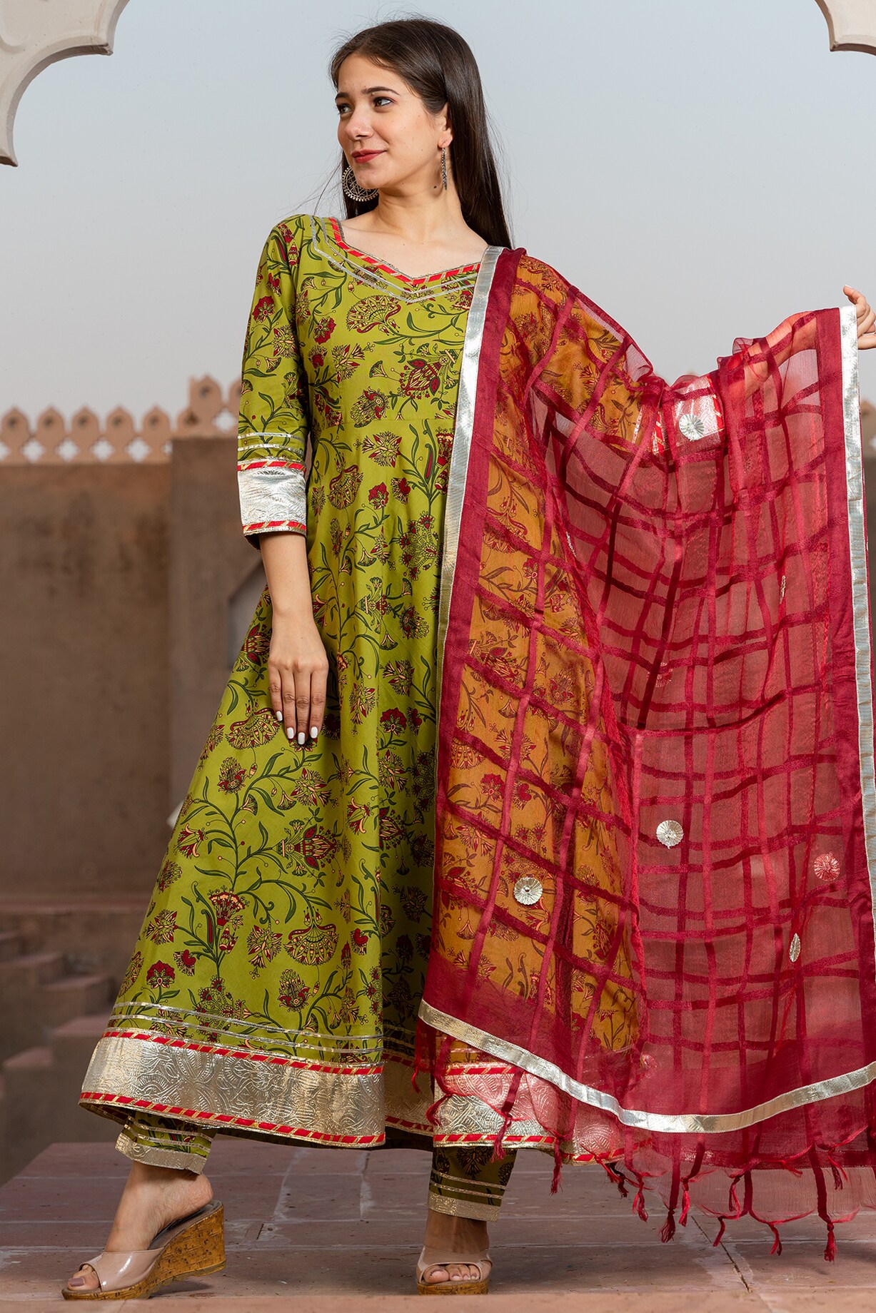 Green - Kalamkari Printed Cotton Flared Kurta 09