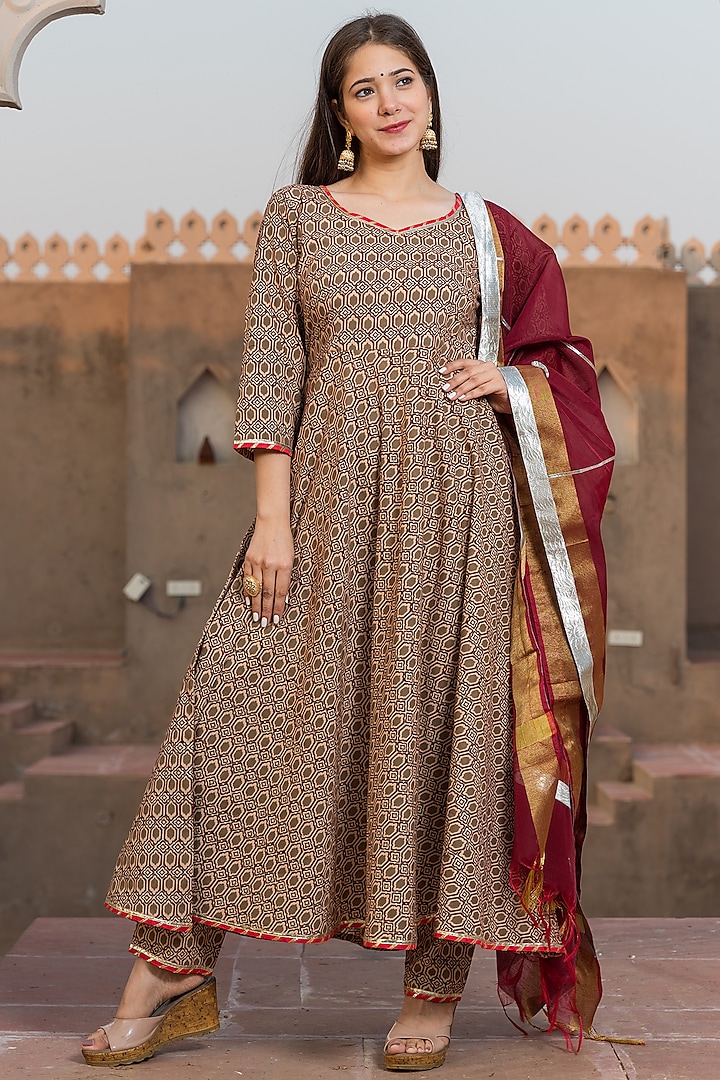 Maroon Cotton Embroidered Anarkali Set by Pheeta