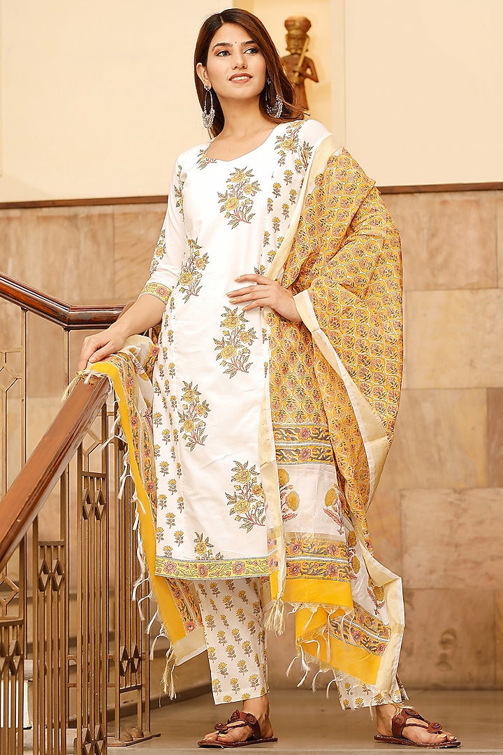 White Cotton Block Printed Kurta Set by Pheeta