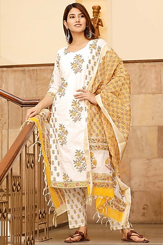 White Cotton Block Printed Kurta Set by Pheeta
