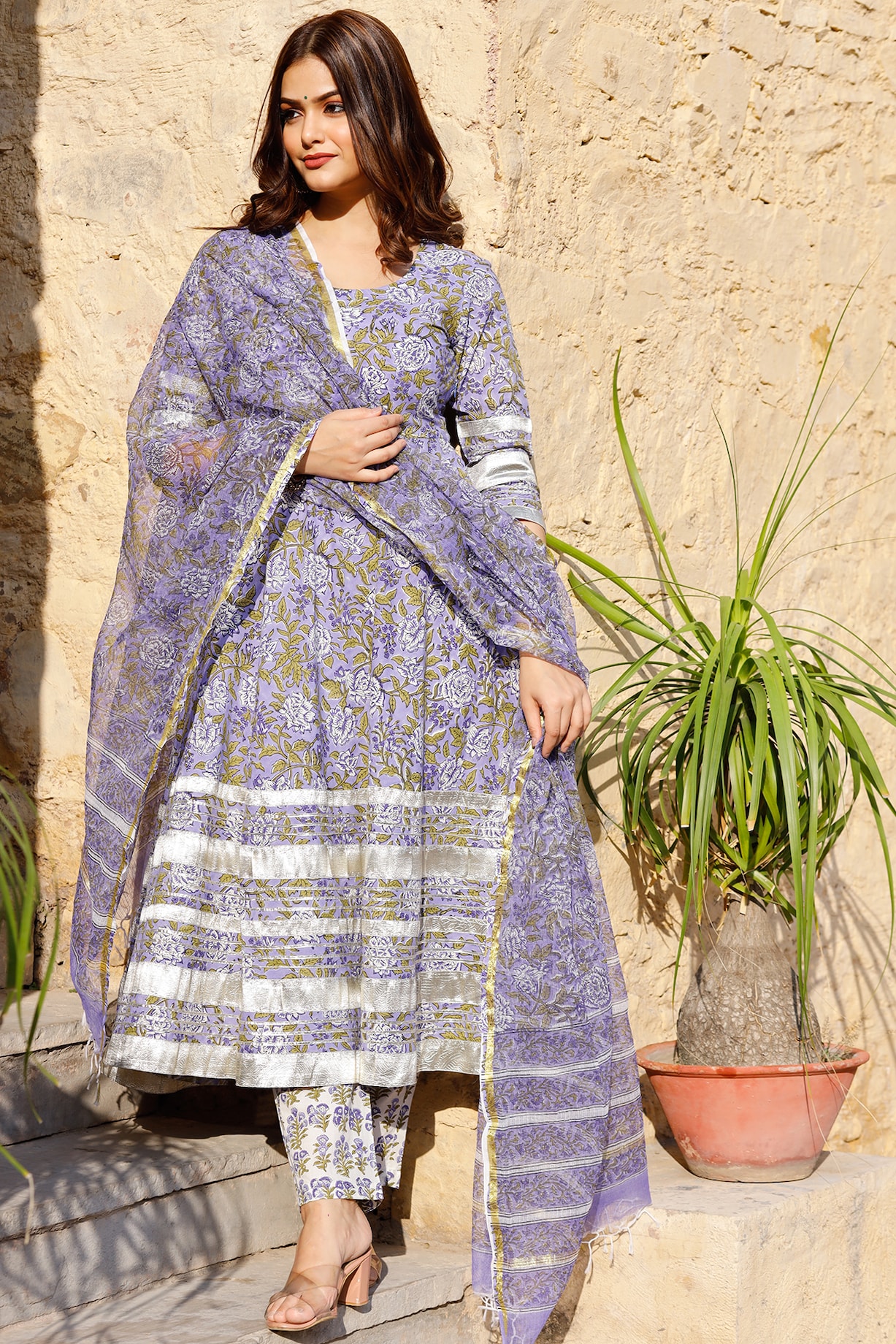 Floral Print Printed Frock Suit Design Buy Printed Pure Cotton Anarkali Suit  In Light Purple Online