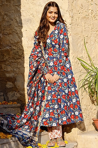 Blue Printed Flared Kurta Set by Pheeta
