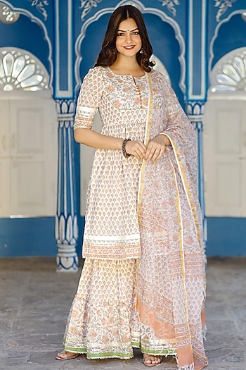 White Motif Block Printed Sharara Set by Pheeta at Pernia's Pop Up Shop