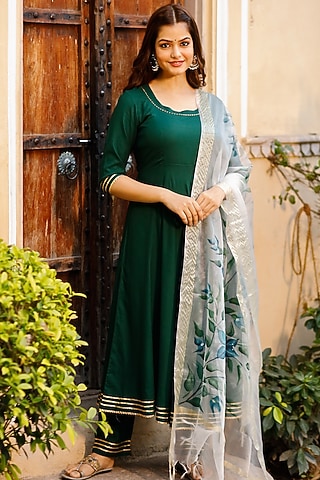 Dark Green Rayon Anarkali Set by Pheeta