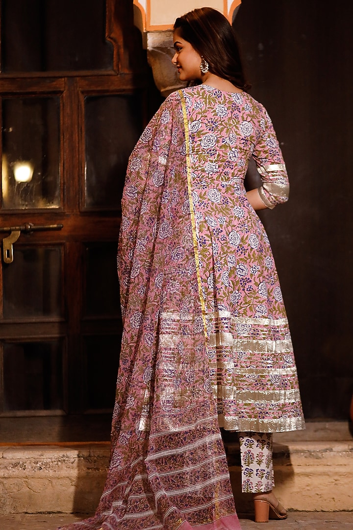 Pink-Purple Block Printed Anarkali Set by Pheeta at Pernia's Pop Up Shop
