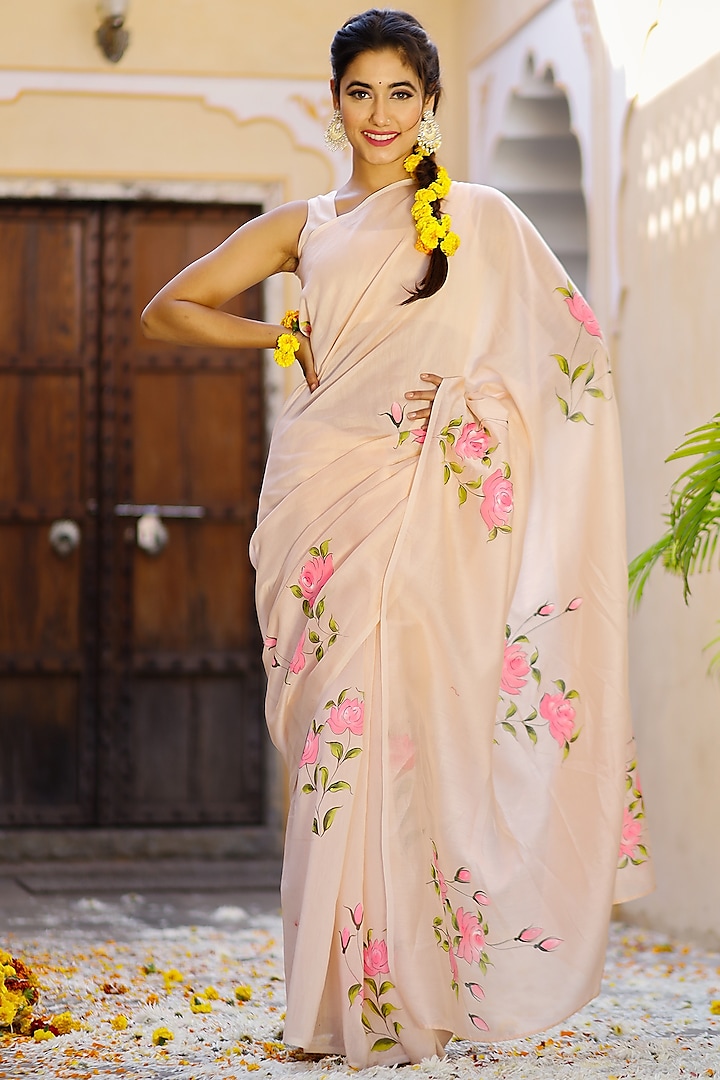 Peach Floral Hand-Painted Saree Set by Pheeta