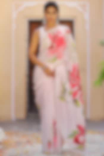 Pink Floral Hand-Painted Festive Saree Set by Pheeta at Pernia's Pop Up Shop