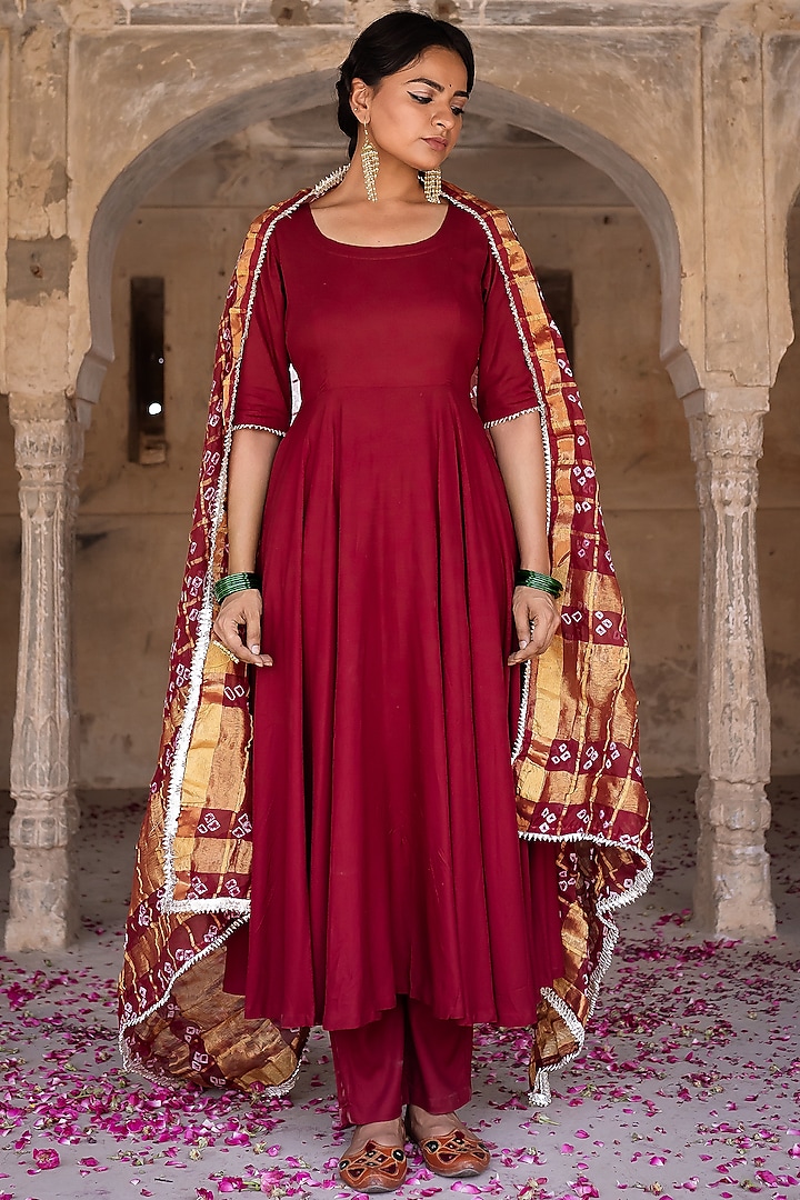 Maroon Embellished Anarkali Set by Pheeta