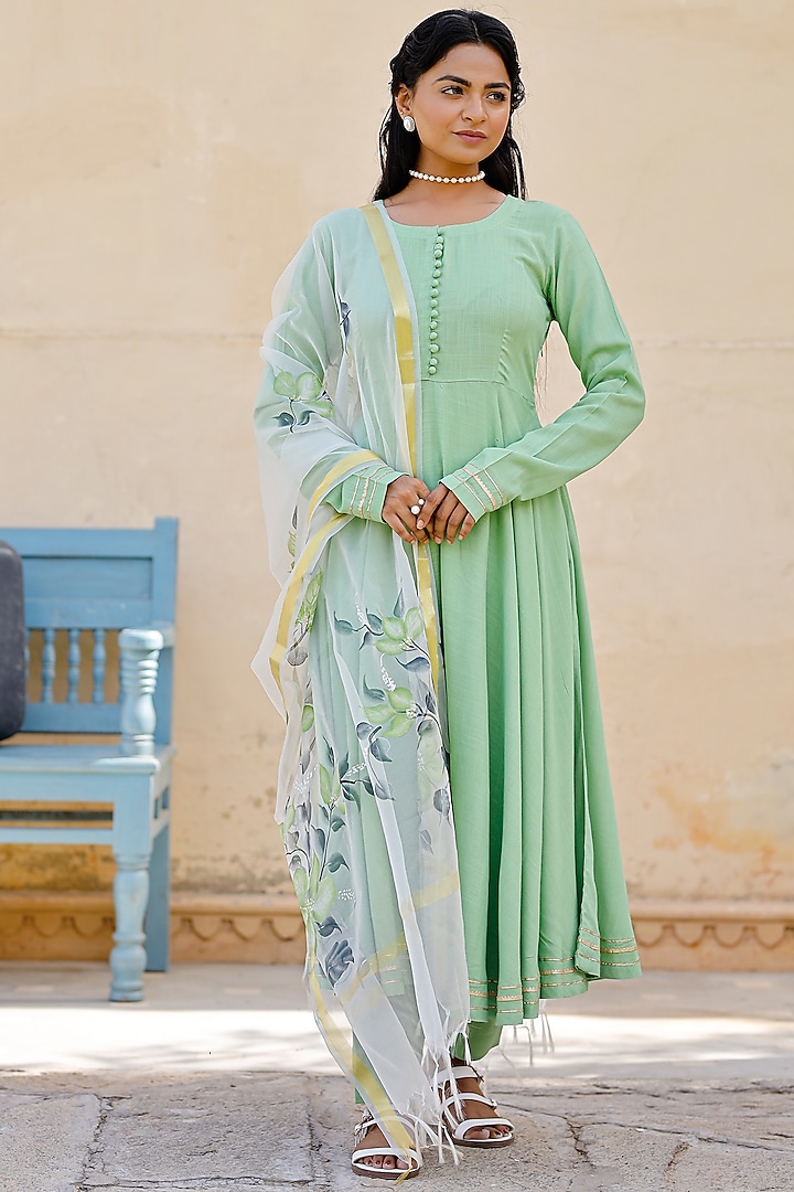 Green Embellished Kurta Set by Pheeta