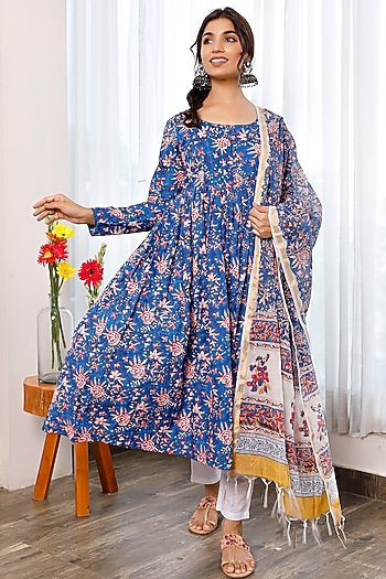 Blue Hand Block Printed Anarkali Set by Pheeta at Pernia's Pop Up Shop