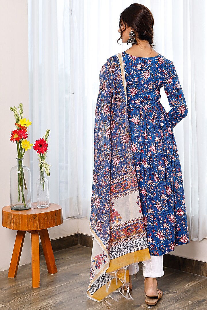 Blue Hand Block Printed Anarkali Set by Pheeta at Pernia's Pop Up Shop
