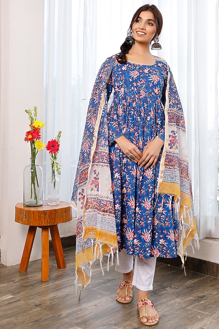 Blue Hand Block Printed Anarkali Set by Pheeta at Pernia's Pop Up Shop