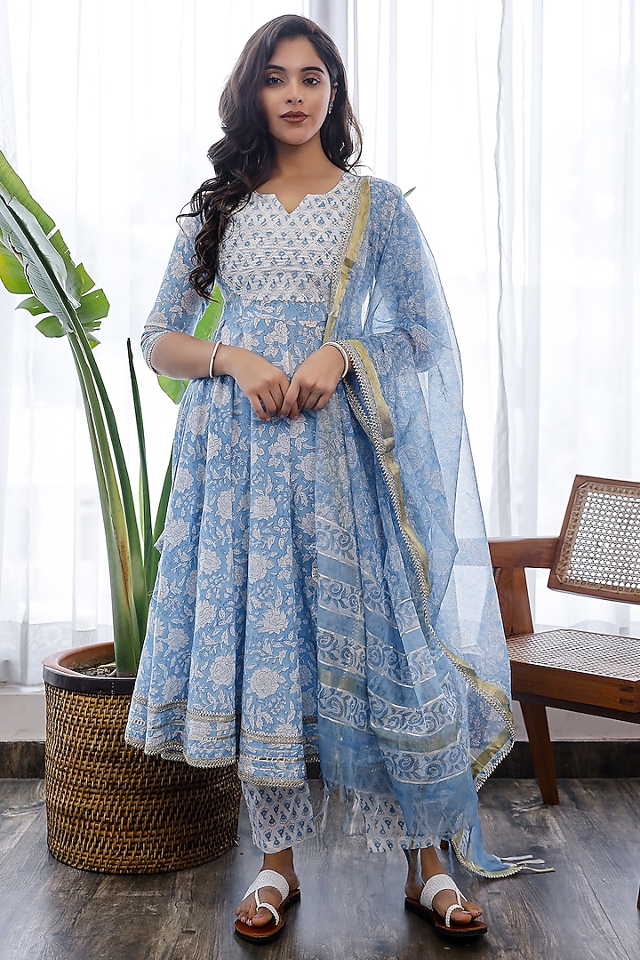 Light Blue Hand Block Printed Anarkali Set by Pheeta at Pernia's Pop Up Shop