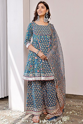 Blue Cotton Block Printed Kurta Set by Pheeta at Pernia's Pop Up Shop