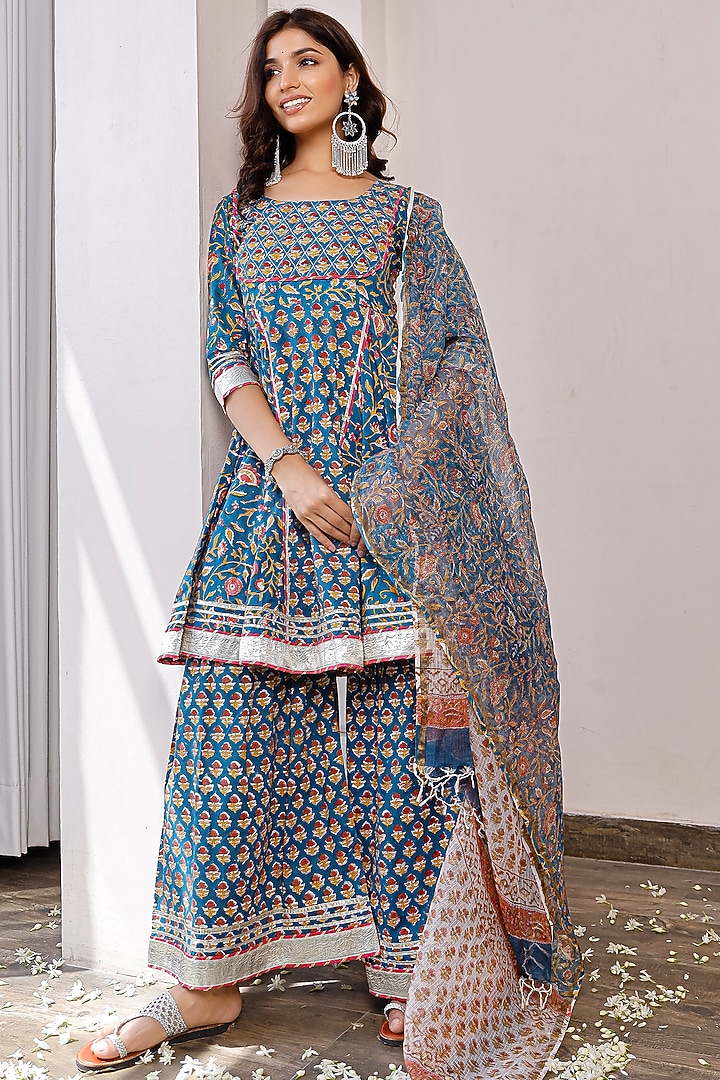 Blue Cotton Block Printed Kurta Set by Pheeta at Pernia's Pop Up Shop