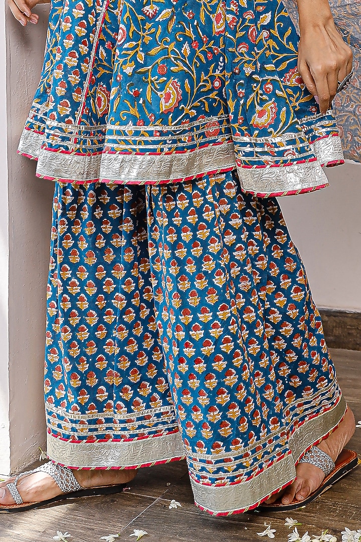 Blue Cotton Block Printed Kurta Set by Pheeta at Pernia's Pop Up Shop