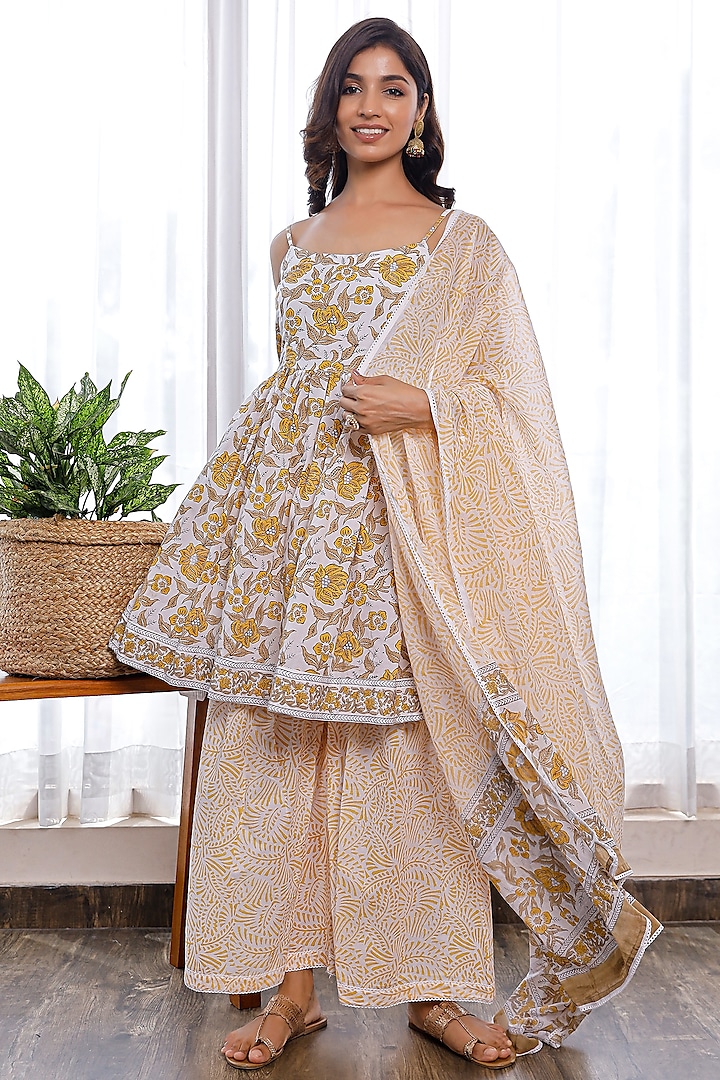 Yellow Cotton Block Printed Kurta Set by Pheeta