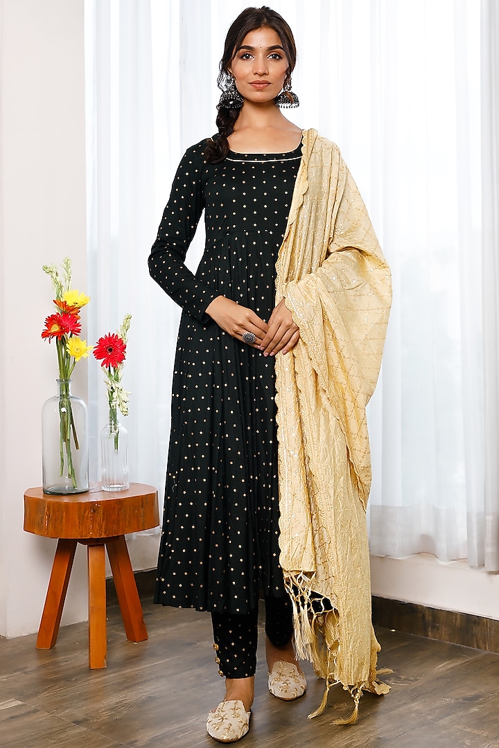 Black Printed Anarkali Set by Pheeta at Pernia's Pop Up Shop