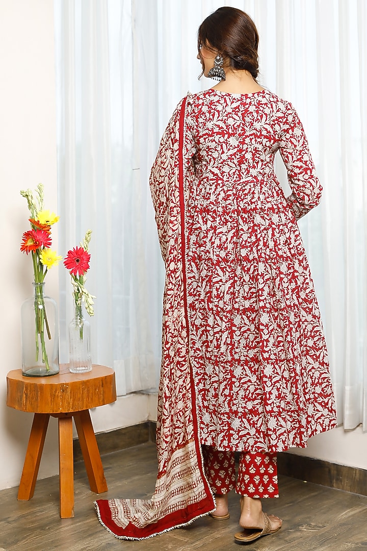 Red Hand Block Printed Anarkali Set by Pheeta at Pernia's Pop Up Shop