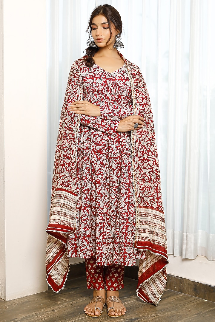 Red Hand Block Printed Anarkali Set by Pheeta at Pernia's Pop Up Shop