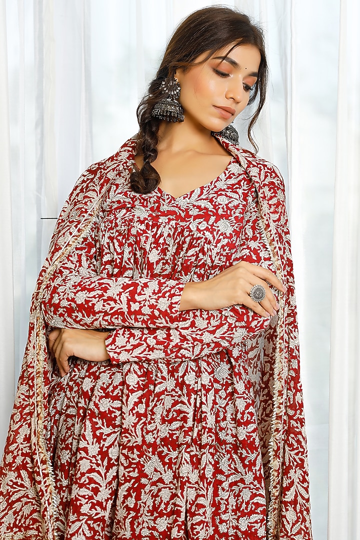 Red Hand Block Printed Anarkali Set by Pheeta at Pernia's Pop Up Shop