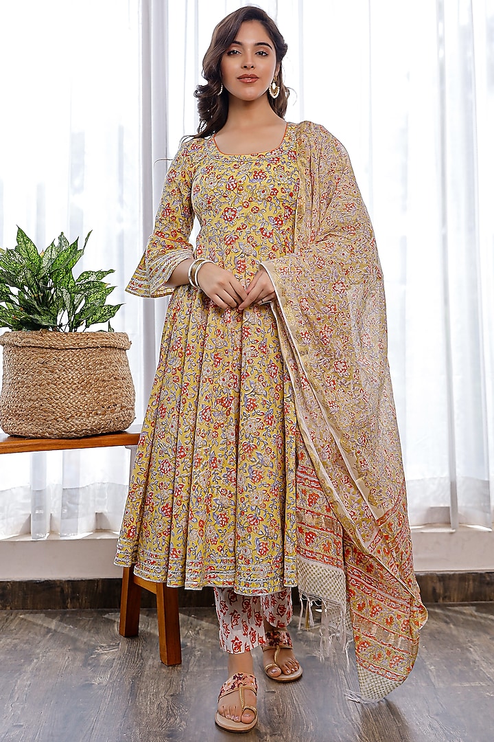 Mustard Hand Block Printed Anarkali Set by Pheeta