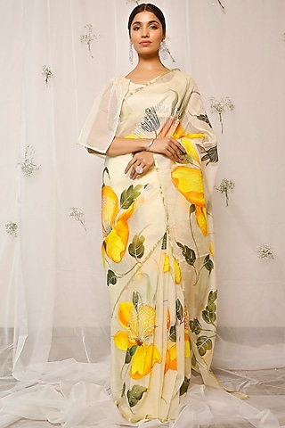 Yellow Hand-Painted Saree Set by Pheeta