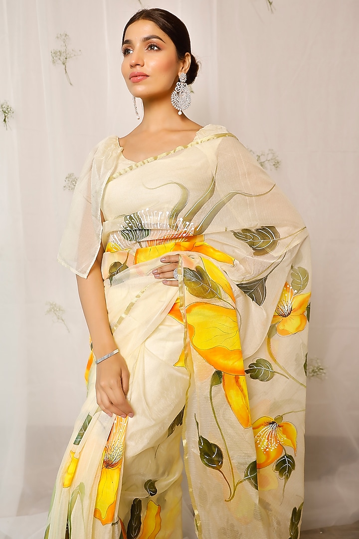 Yellow Hand-Painted Festive Saree Set by Pheeta at Pernia's Pop Up Shop