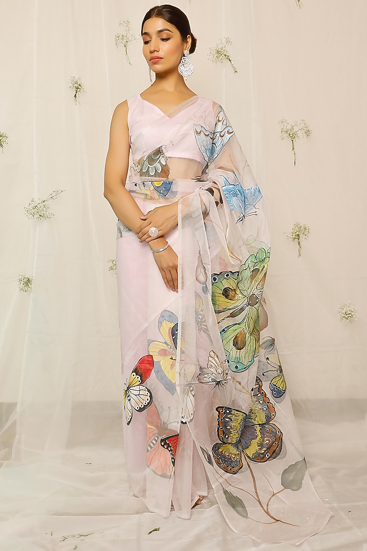 Purple Organza Hand-Painted Festive Saree Set by Pheeta at Pernia's Pop Up Shop