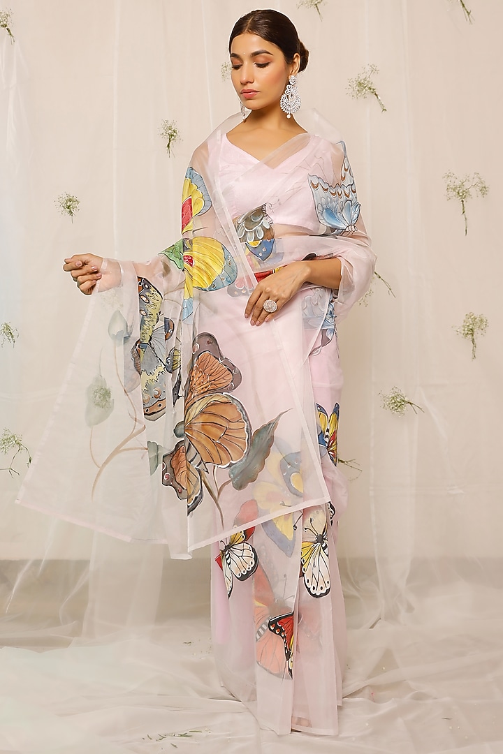 Purple Organza Hand-Painted Festive Saree Set by Pheeta at Pernia's Pop Up Shop