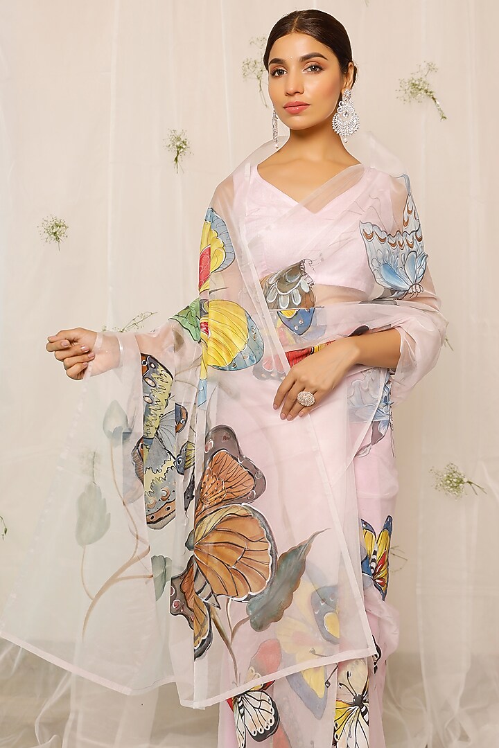 Purple Organza Hand-Painted Festive Saree Set by Pheeta at Pernia's Pop Up Shop