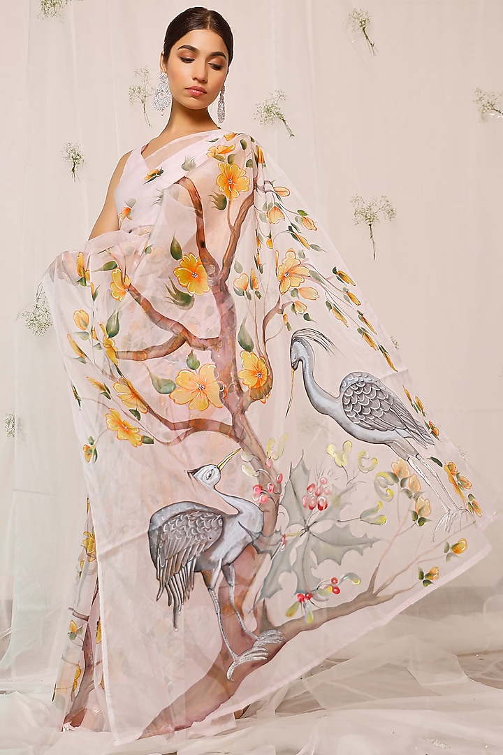Light Purple Hand-Painted Festive Saree Set by Pheeta at Pernia's Pop Up Shop