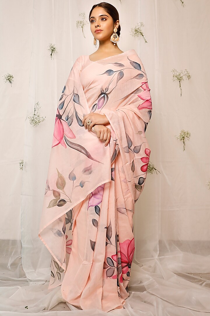 Peach Chanderi Hand-Painted Saree Set by Pheeta at Pernia's Pop Up Shop