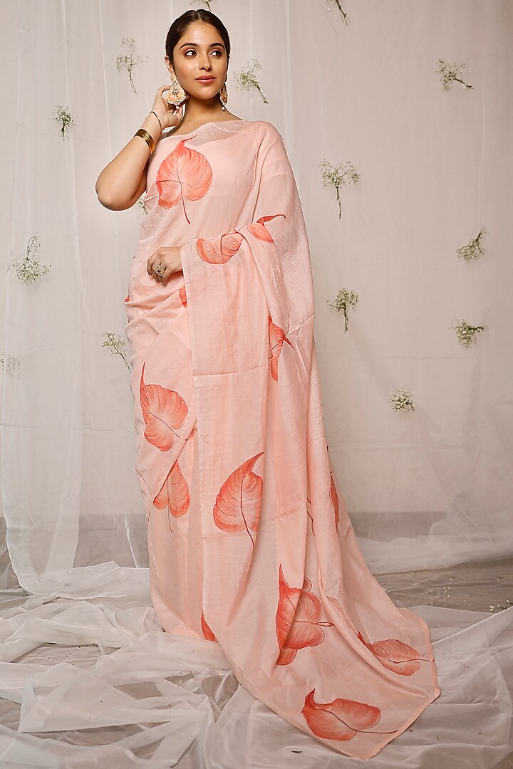 Peach Floral Hand-Painted  Saree Set by Pheeta