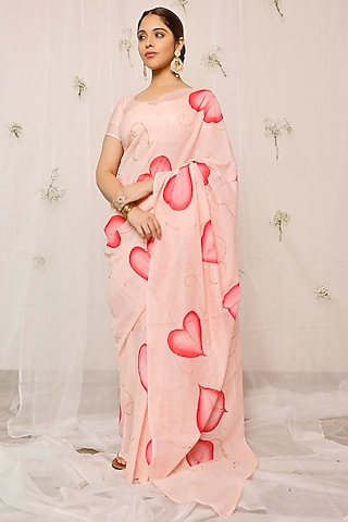 Peach Hand-Painted Saree Set in Chanderi by Pheeta